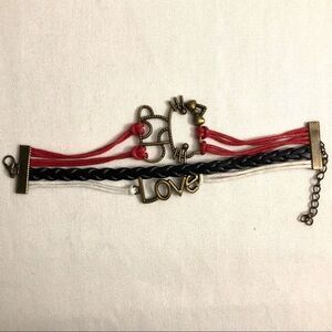 Kitty Love Braided PU Leather Wrap Charm Bracelet Red & Black